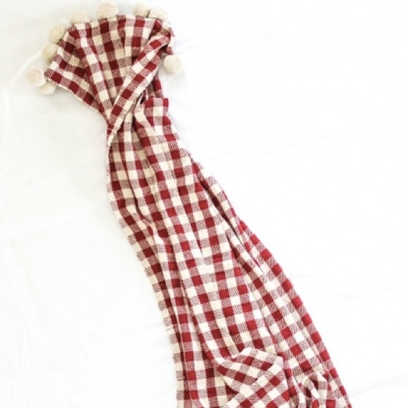 Checked Pom Pom Blanket Cotton Throw TAN Farmhouse Cabin Cottagecore